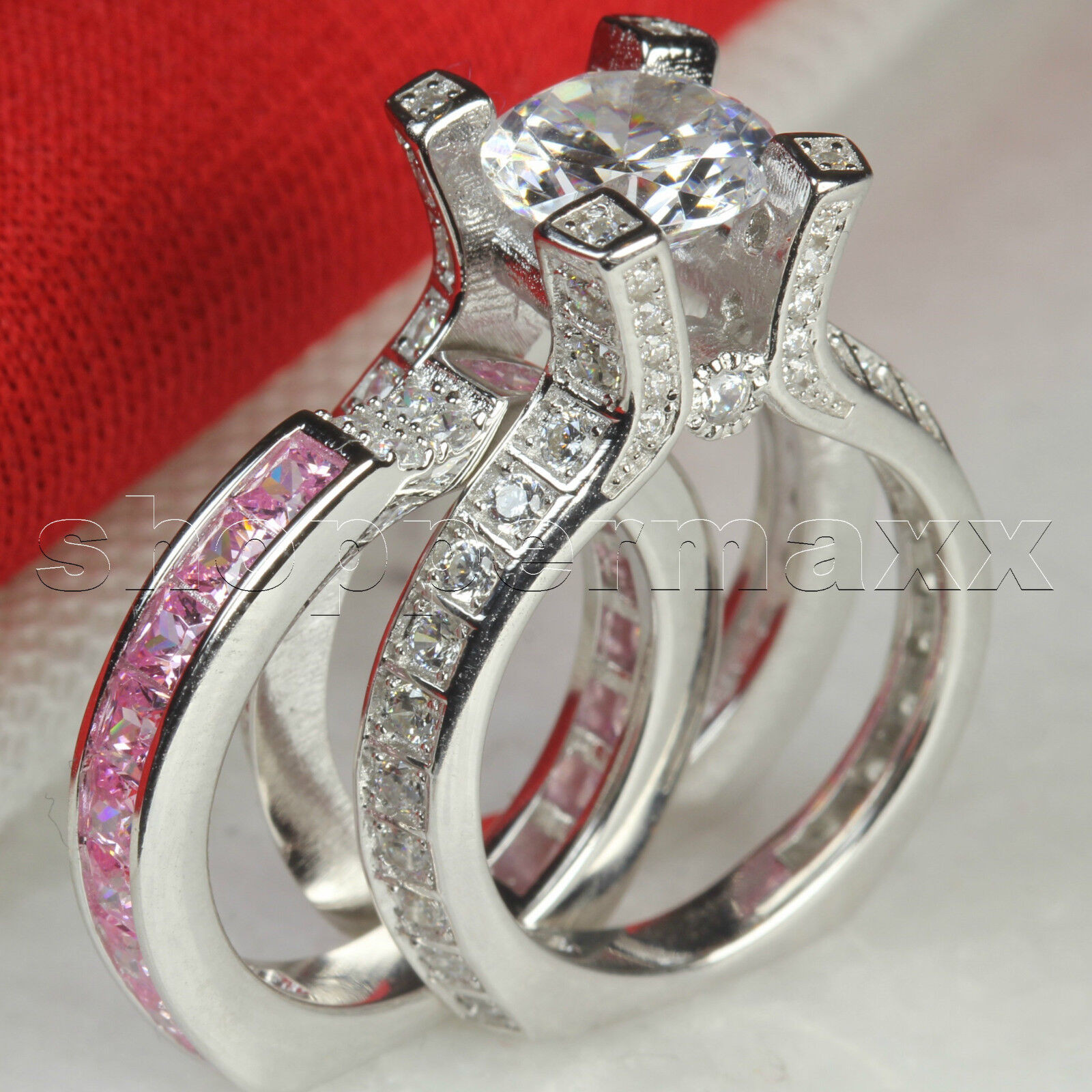 6.9CT Ladies Pink CZ  Insert Engagement Ring Wedding Ring Set