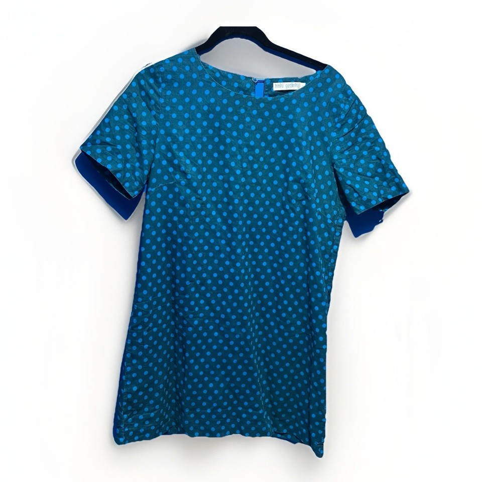 Kinki Gerlinki Blue Teal Polka Dot Mini Shift Dress Size 3 (AUS 10) 100% Linen S