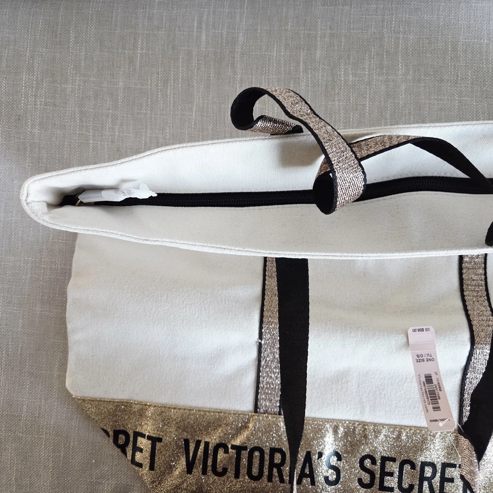 VICTORIA'S SECRET GOLD SPARKLE ZIPPER WEEKENDER CANVAS TOTE TRAVEL GYM BAG NWT - Image 3 of 4