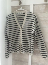 Alex Mill 100% Cashmere Sweater Cream Navy Striped Cardigan Womens Soft Top
