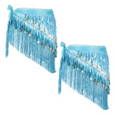 Belly Dance Hip Scarf with Tassels Sequin Coin for Party Blue, Pack of 2 