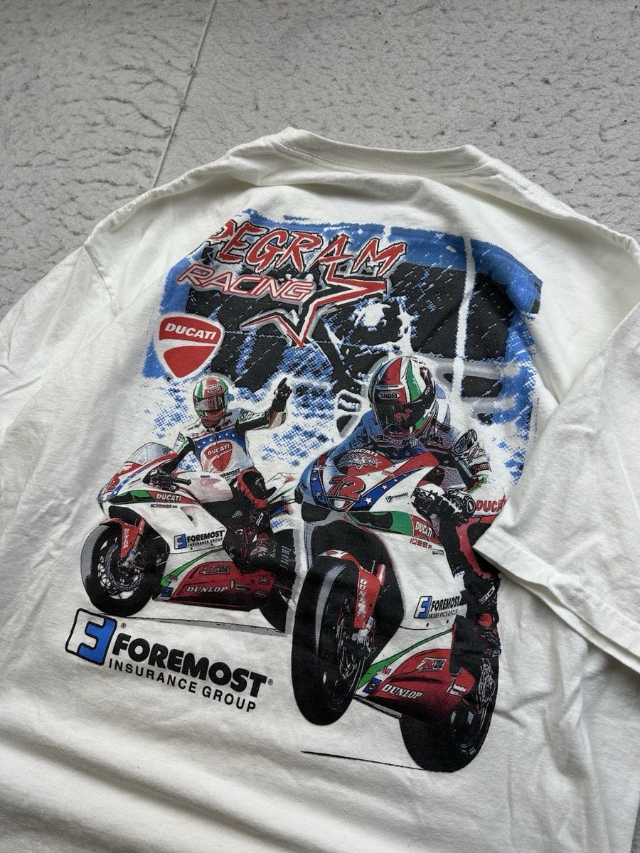 Vintage Men’s Ducati Motorcycle Racing Pegram Graphic Print Shirt Sz L Y2K White View 2