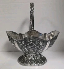 Vintage Ornate Silver Toned Metal Floral Basket/Candy Dish Made In Japan *Read*