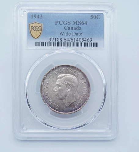 1943 Canadian 50 Cents .800 Silver PCGS MS64 Wide Date- T233