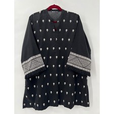 Nishat Linen Pret Black Embroidered Tunic Kurta Fringe Cuffs Womens 10