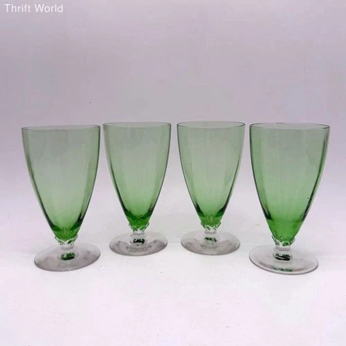 Depression Glass Green Ribbed Goblets 4 Pc Set Clear Foot UV Glow Vintage 7 Inch