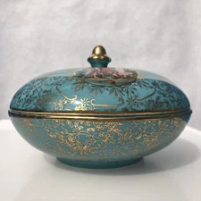 Vintage  M&R Coverd Candy Bowl Turquoise Trinket Box Made In USA Mid Century