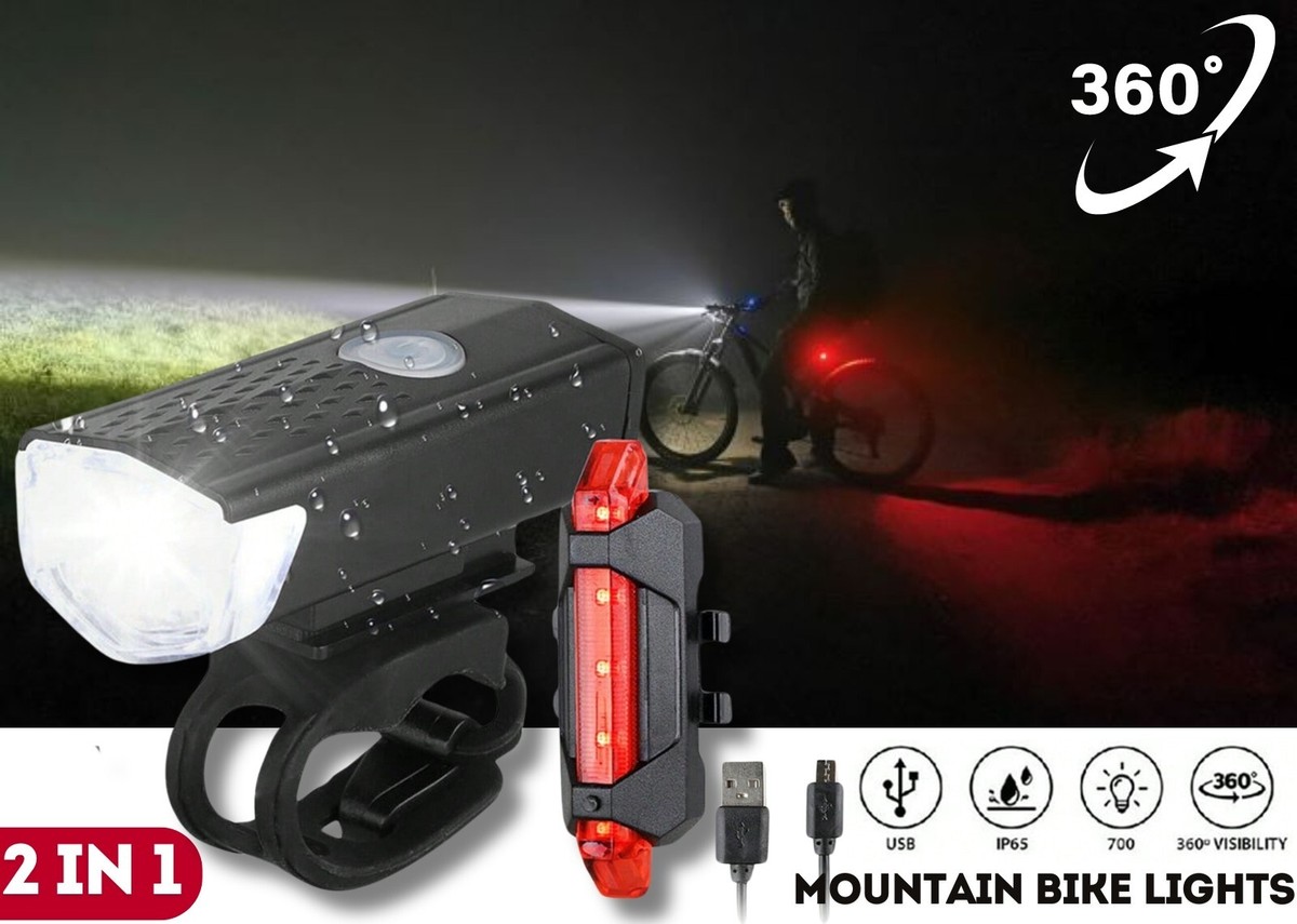 Rechargeable Mountain Bike Lights USB Bicycle LED Torch Front Rear Lamp Set  2PCS