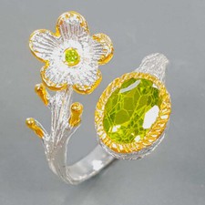 Handmade Jewelry Flower style Natural Peridot Silver ring 925 Sterling / RVS421