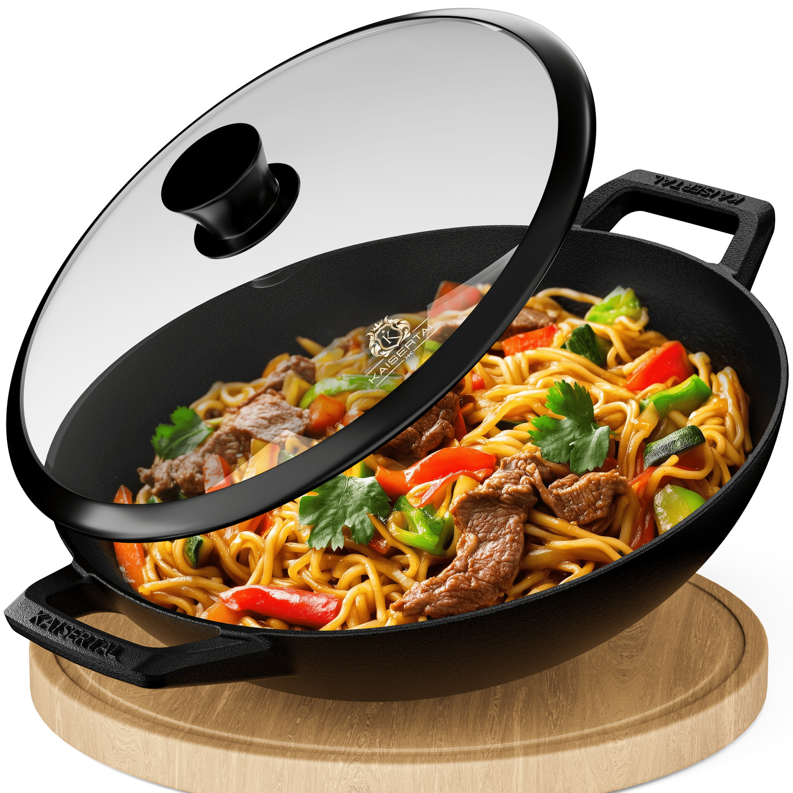 KAISERTAL 32cm Gusseisen Wok Induktion - Wokpfanne aus Gusseisen - Pfanne 32cm