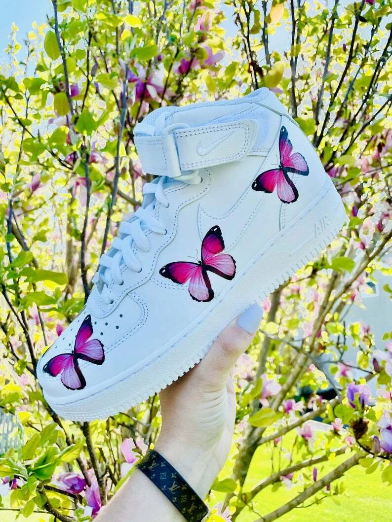 Nike Air Force 1 Mid Pink Butterfly Design White Custom Shoes Women Kids Mens |