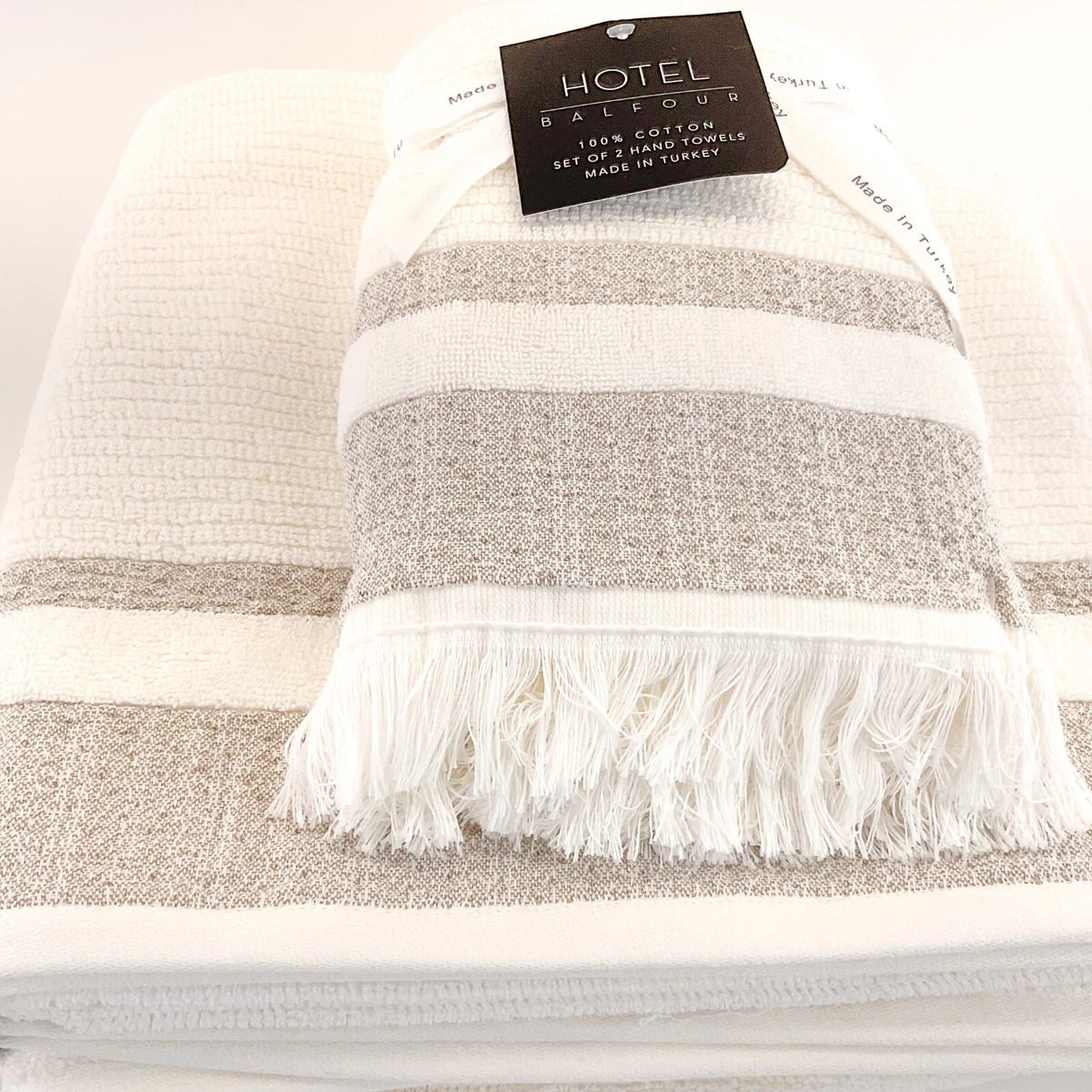 Hotel Balfour Collection 100% Cotton 2 Bath 2 Hand Towels 4 Set Ivory +  Taupe Ne