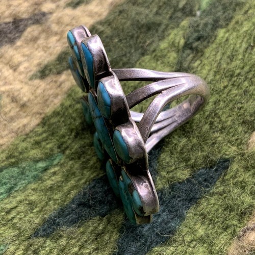 Anello argento turchese a grappolo zuni gemma blu ragnatela grande lungo vintage anni '30 - Foto 6 di 6