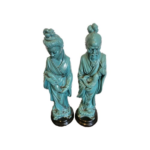 Set Vintage A. Giannelli Oriental Sculptures Holding Koi Fish