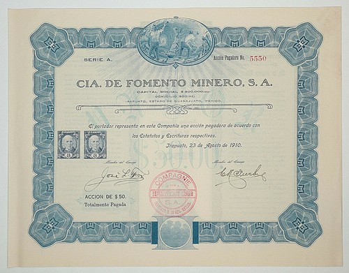 MEXICO M/93a CÍA DE FOMENTO MINERO una acción de $50 pesos de 1910 (Guanajuato) - Picture 2 of 3