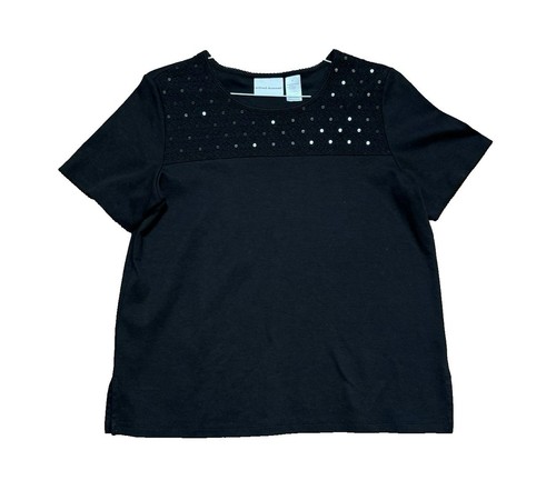 Womens Alfred Dunner Black Short Sleeve Lace Overlay Yoke Top Shirt Size M