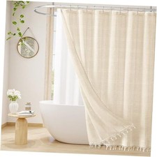 Boho Farmhouse Shower Curtain Set with Tassel, Modern 72" W x 72" L Beige
