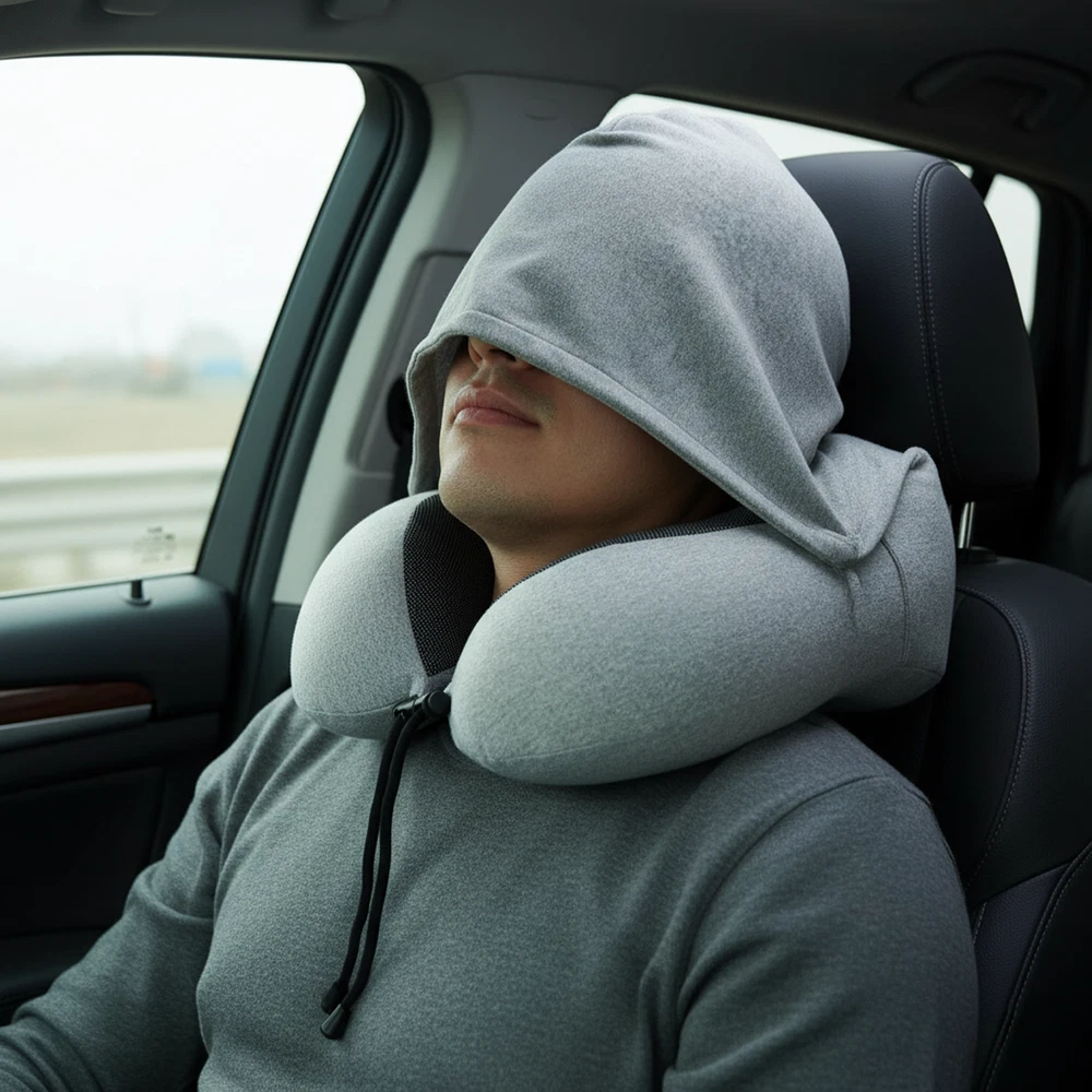 Travel Pillow with Hood 360 Neck Support Memory Foam Neck Pillow Airplane Trips