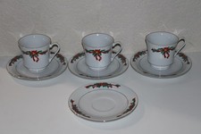Poinsettia  Ribbons Fine China Ceramic Christmas Set Of 3 Cups And 4 Saucers