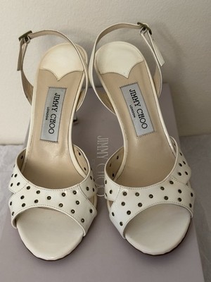 Jimmy Choo White Patent Leather Studded Open Toe Slingback Heels EU 38