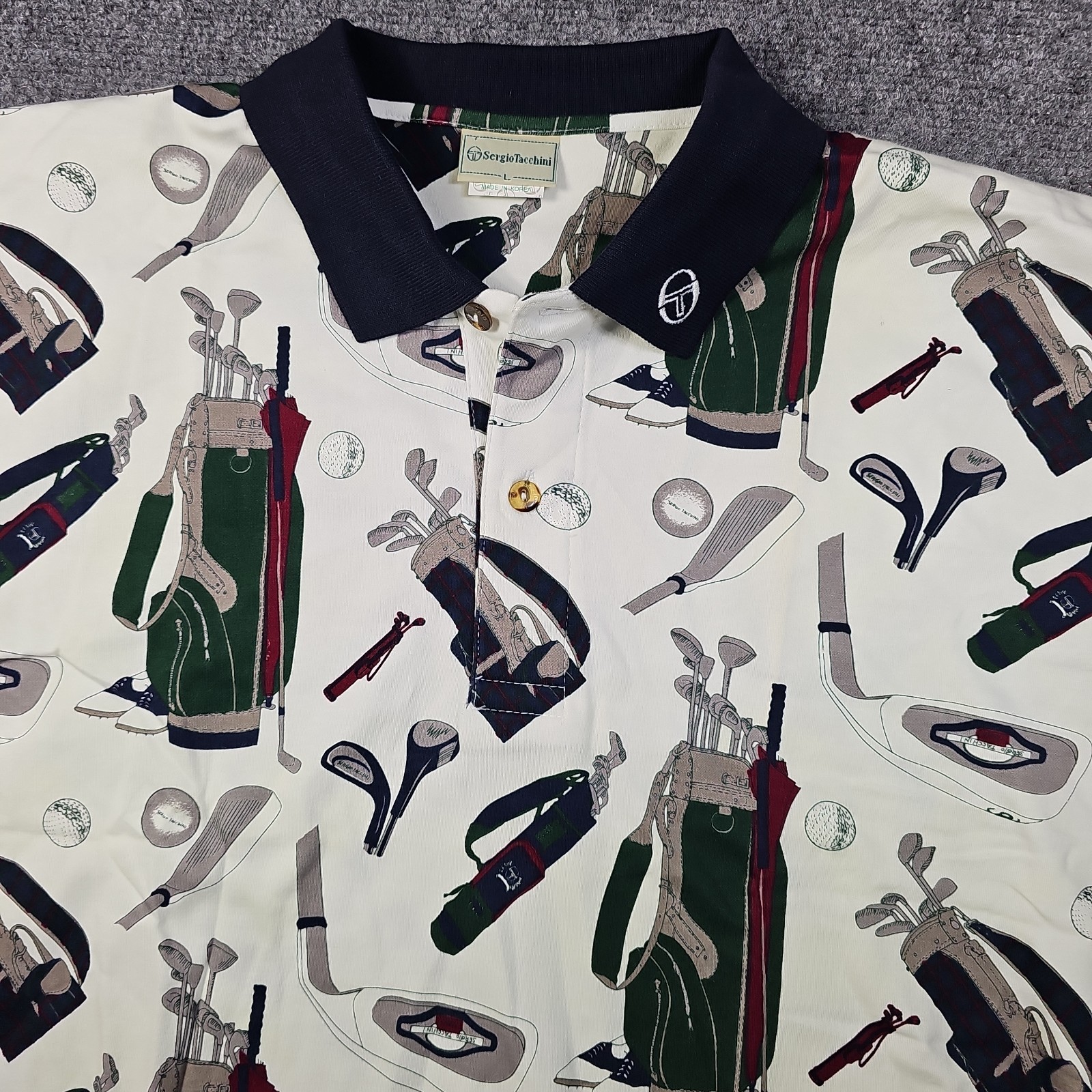 Sergio Tacchini, Vintage Sergio Tacchini Polo Shirt Large White Blue Golfer Performance All Over