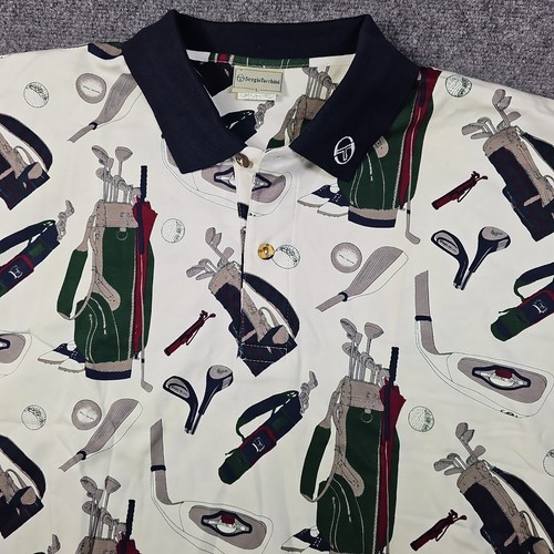 Sergio Tacchini, Vintage Sergio Tacchini Polo Shirt Large White Blue Golfer Performance All Over