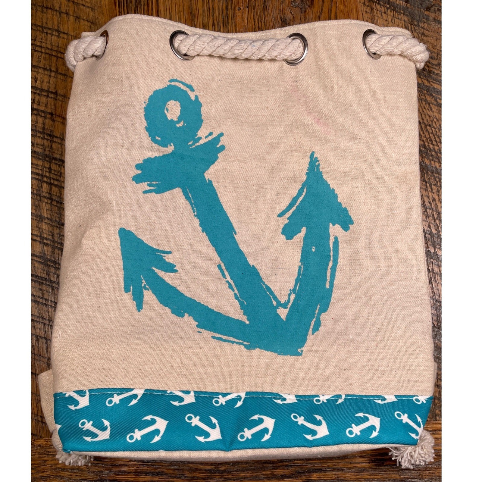 Nautical Anchor Canvas Drawstring Backpack Teal C… - image 1