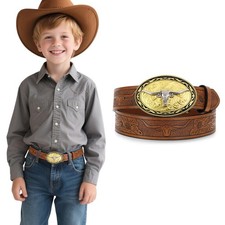 Kids Western Cowboy Belt for Boys Girls,Toddler Cowgirl Embossed Leather Belt wi