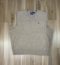 Vtg Polo Ralph Lauren Mens V Neck Sweater Vest Tan Cotton Size L Embroidered