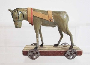 Vintage Composition Stick Leg Horse on Wheels Penny Toy 3.25" w Germany c1910s