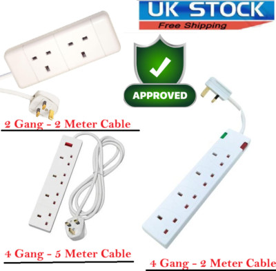 Verlängerungskabel Kabel Elektrostecker Buchse UK Netz Strom 2, 4 Gang 2M, 5M