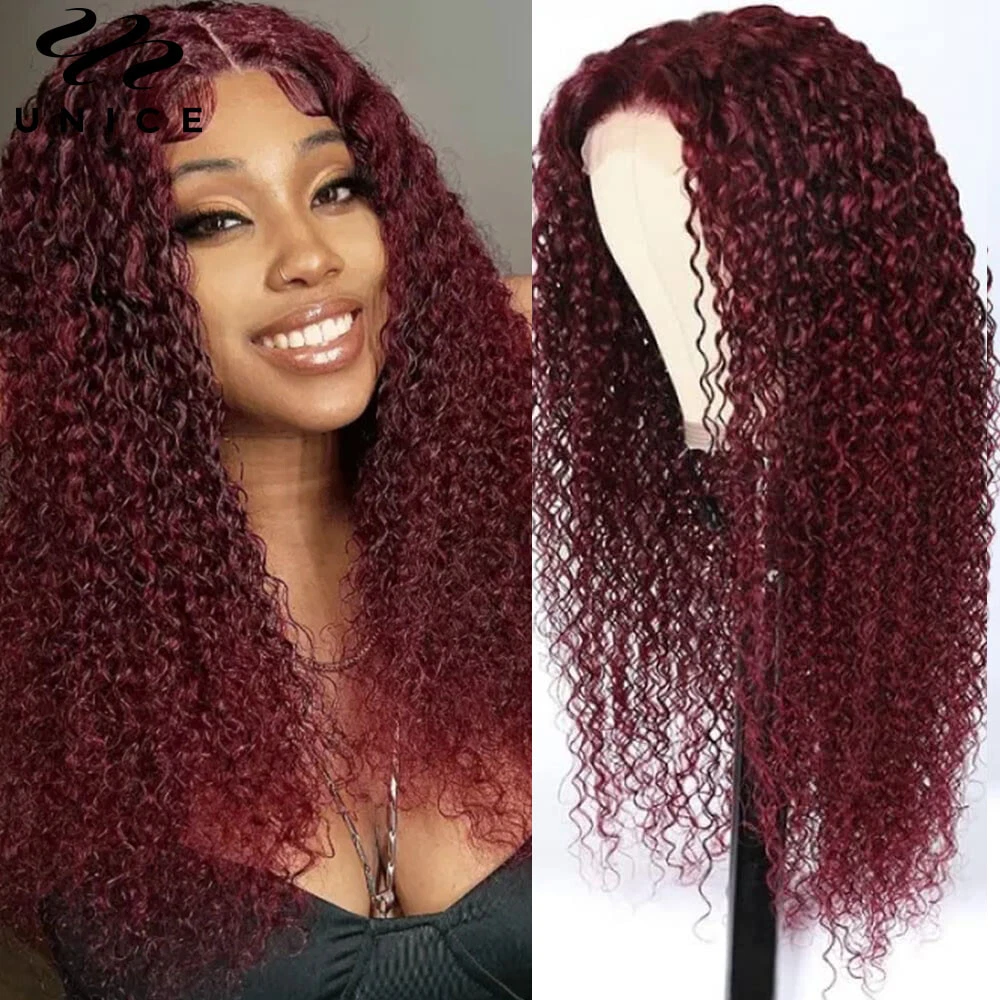 Indian 99J Burgundy Curly HD Lace Closure Human Hair Wig Wine Red