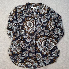 Loft Floral Paisley Peasant Sheer Tunic Blouse Women's small Navy/Brown V-Neck