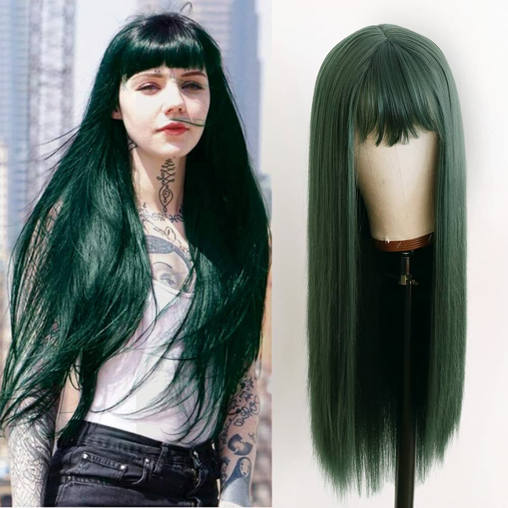 Township Long straight hair with bangs dark green heat-resistant (24",Green)  | eBay