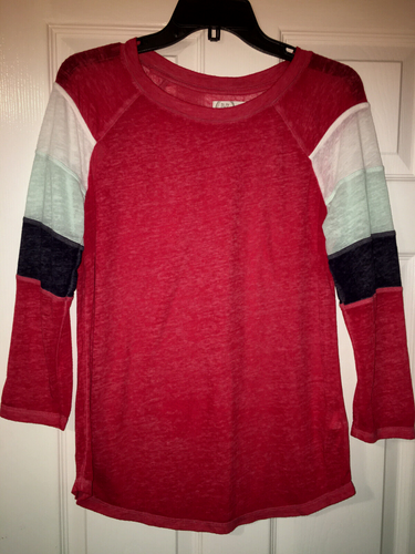 Maurices 24/7 Baseball Tee Women's Sz. Small Red Cherry Burnout L/S Striped Top