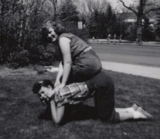 1953 Pretty Women Playful Pose Outdoors Grass Smiling Friends May 4