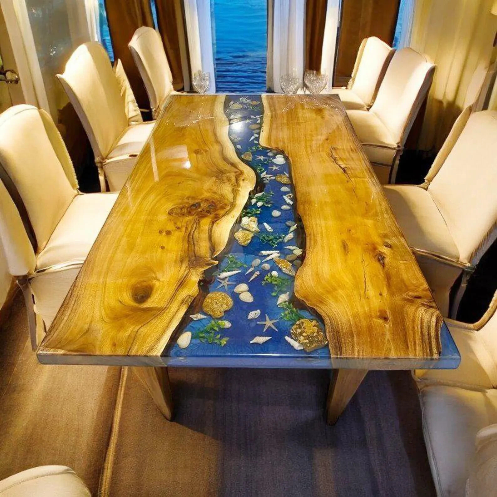 Large Blue Epoxy Resin Dining Table | Wooden River Art | Handmade Rustic Modern