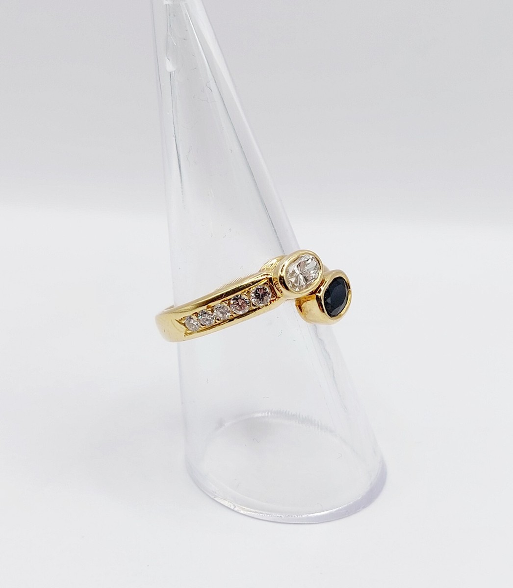Bague 'Toi Et Moi' Vintage En Or 18K Avec Diamant Ovale 0,35 Ct Et Saphir 0,40 Ct - Taille 55