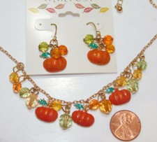 Harvest Autumn Theme Halloween Pumpkin Enamel Bead Necklace Earring set B3