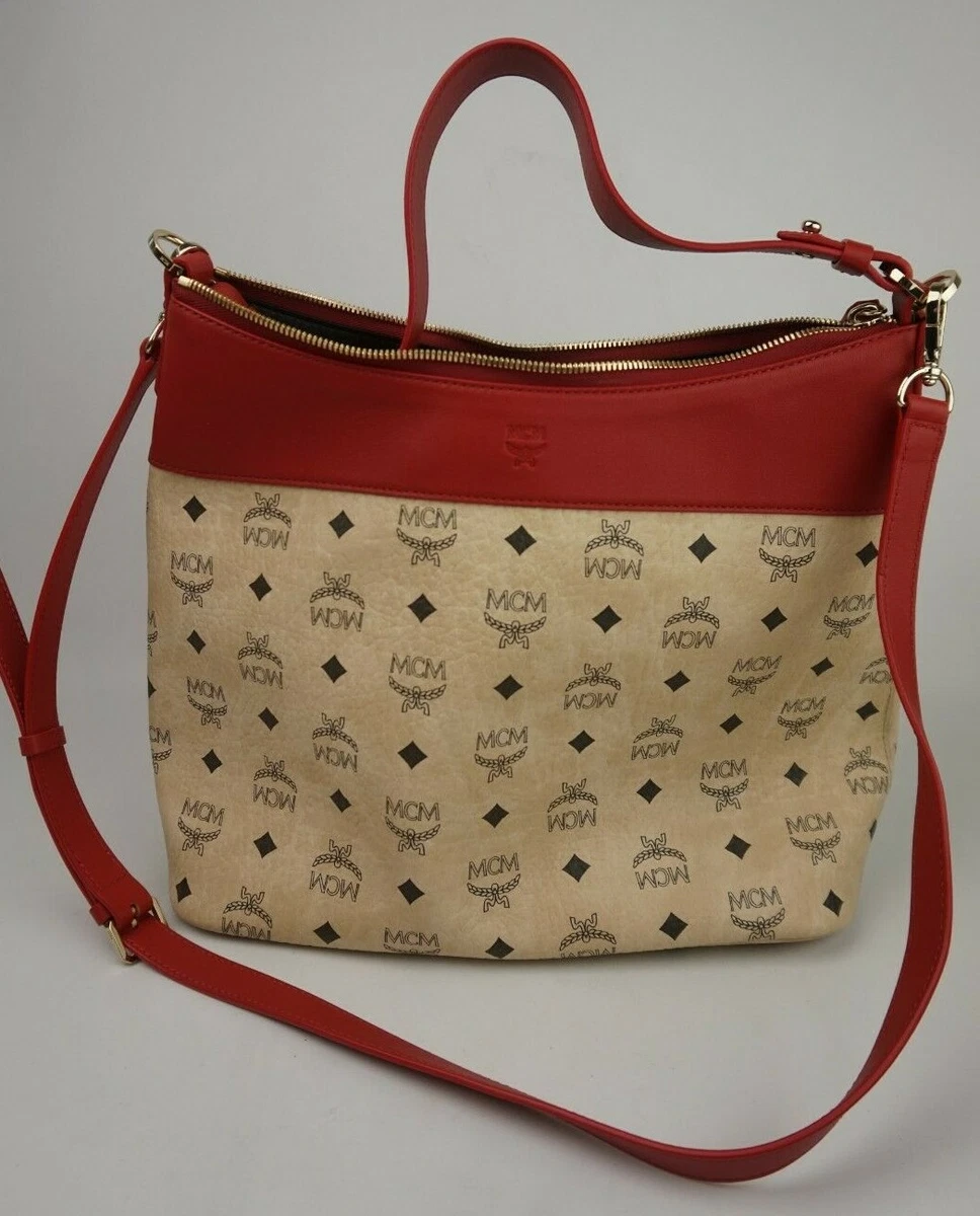 MCM Red Cream Medium Hobo Bag