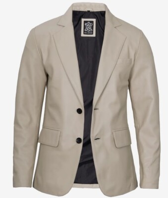 Men's New Stylish Design Two Button Real Lambskin Beige Leather Blazer