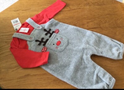 Baby s Outfit Latzhose Set (Rudolph) 0-3m Langarm Rot Oberteil Grau Fleece...