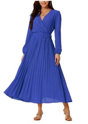 Seta T Women's Pleated Puff Long Sleeve V Neck Belt Waist Dress Blue Size Large