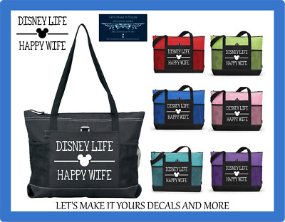 DISNEY LIFE HAPPY WIFE MICKEY VACATION LUGGAGE TOTE TRAVEL BEACH BAG PURSE ZIPS