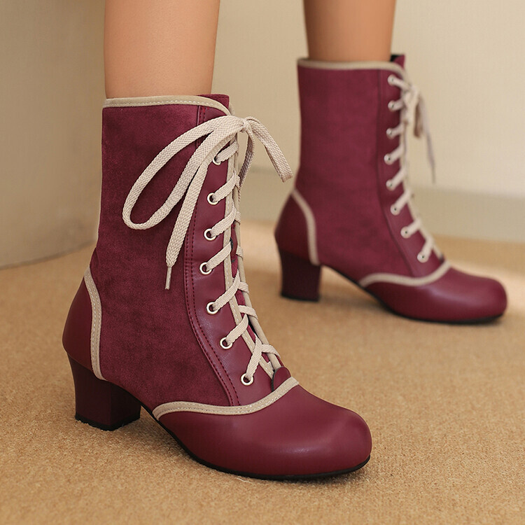 Retro Style Western Lace Up Women Ankle Boots Mid Block Heel