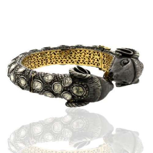 9.65ct Uncut Diamond Two Goat Heads Oxidized Bangle 925 Sterling Silver ...