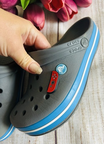 Crocs Unisex Grey Blue Logo Striped Crocband Clog Shoes Size 6 Women’s - Picture 6 of 11