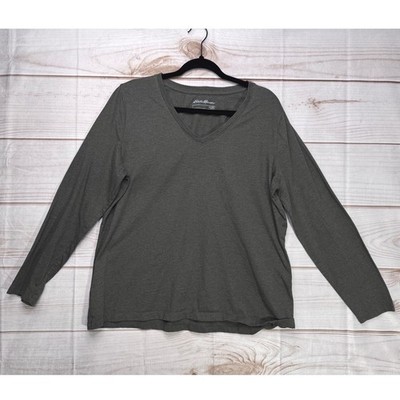 Eddie Bauer Womens T Shirt Olive Green V-Neck Long Sleeve Minimalist Layer XXL