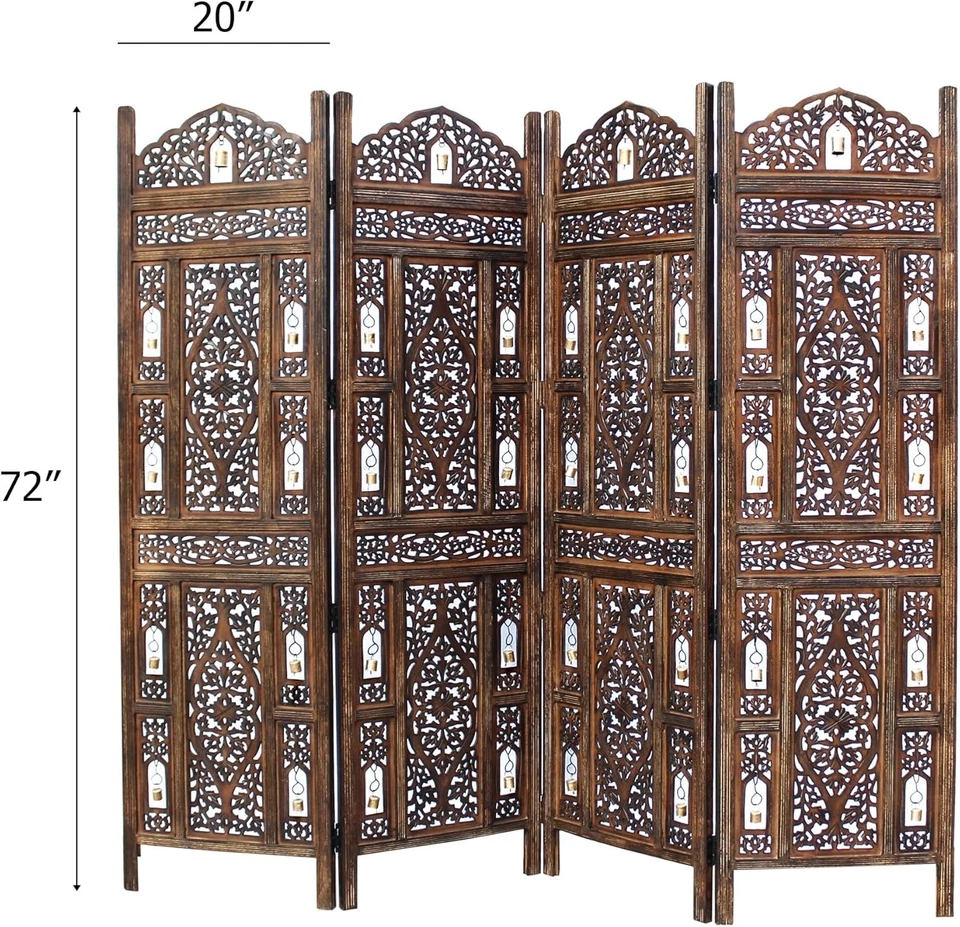 Separador de habitaciones Pantalla de madera 4 paneles plegable montado tallado a mano versátil 72 x 80 Foto 2 de 4