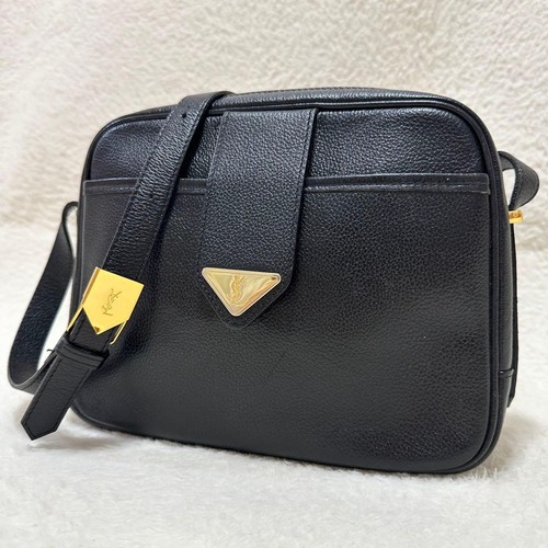 YVES SAINT LAURENT Cassandra Logo Leather Shoulder Bag Black Gold Hardware